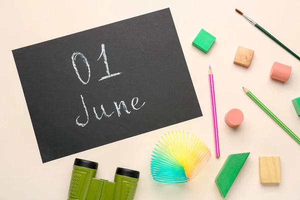 Chalkboard Date June Children Toys Beige Background — Stock Photo, Image