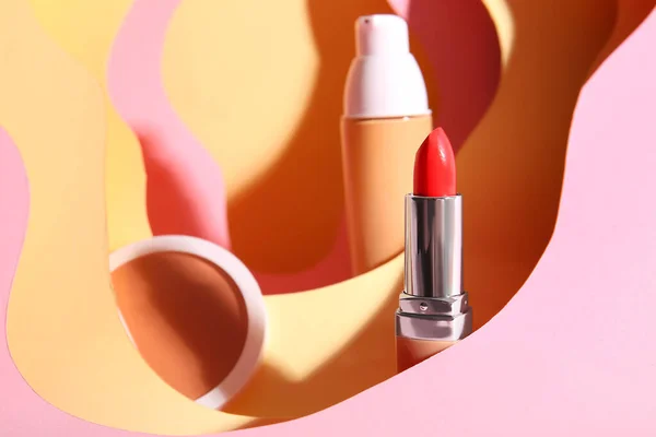 Lipstick Powder Makeup Foundation Color Background — Stock Photo, Image