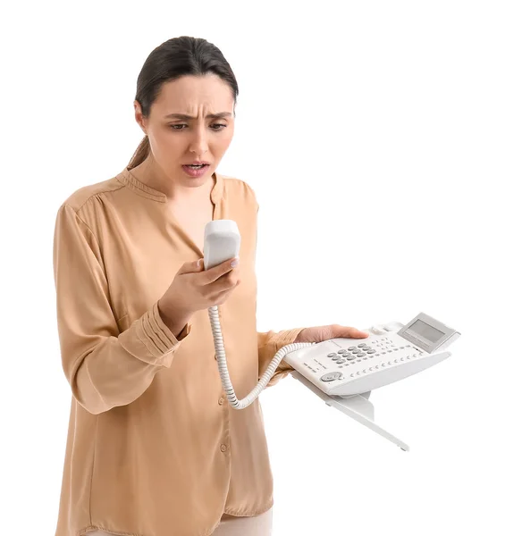 Sad Young Woman Telephone White Background — Stock Photo, Image