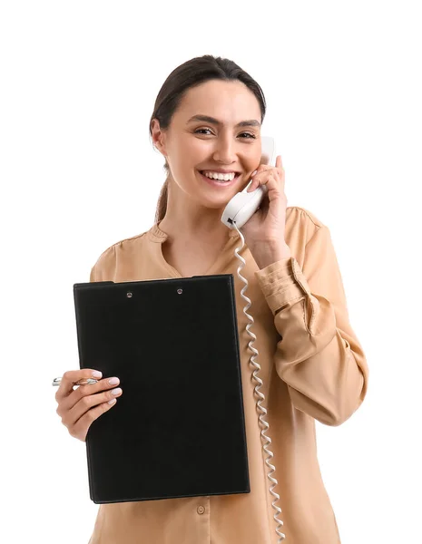Glückliche Junge Frau Mit Dokumenten Telefongespräch Auf Weißem Hintergrund — Stockfoto