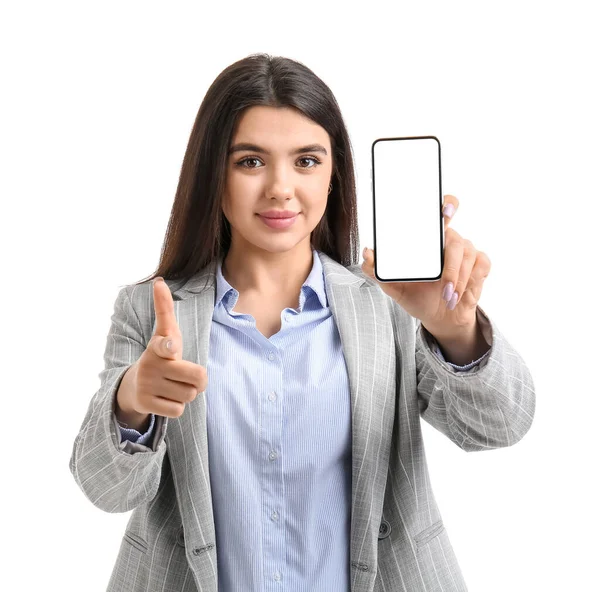 Cool Young Woman Smartphone Pointing Viewer White Background — Stock Photo, Image