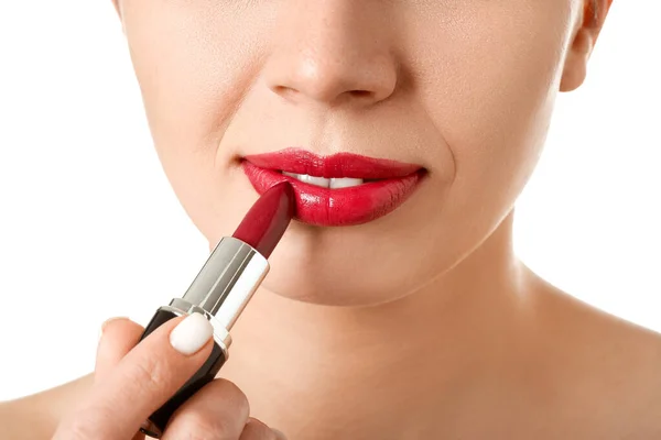 Woman Applying Red Lipstick White Background Closeup — Stock Photo, Image