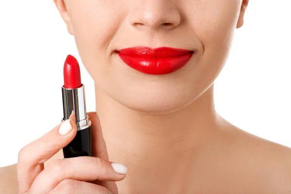 Woman Red Lipstick White Background Closeup — Stock Photo, Image