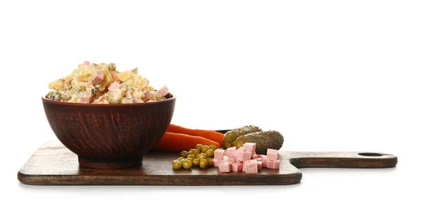 Bowl Tasty Olivier Salad Ingredients White Background — Stock Photo, Image