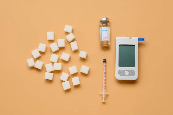 Glucometer Insulin Syringe Sugar Orange Background Diabetes Concept — Stock Photo, Image