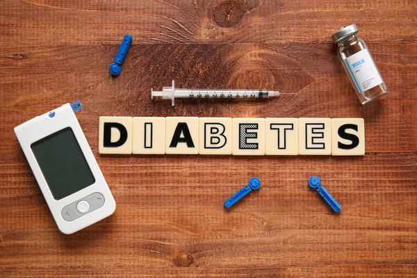 Word Diabetes Glucometer Syringe Insulin Wooden Background — Stock Photo, Image