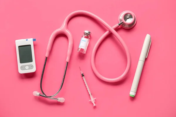 Glucometer Insulin Lancet Pen Stethoscope Pink Background Diabetes Concept — Stock Photo, Image