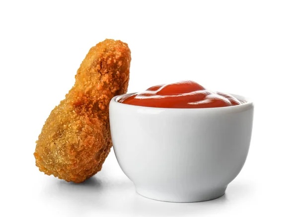 Tigela Com Ketchup Pepita Saborosa Fundo Branco — Fotografia de Stock
