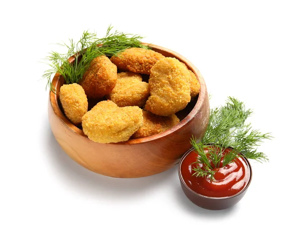 Bowl Tasty Nuggets Ketchup White Background — Stock Photo, Image