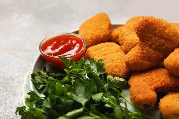 Plate Tasty Nuggets Ketchup Light Background Closeup — Stock Photo, Image
