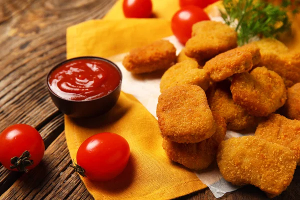 Heap Tasty Nuggets Ketchup Wooden Background — Stock Photo, Image