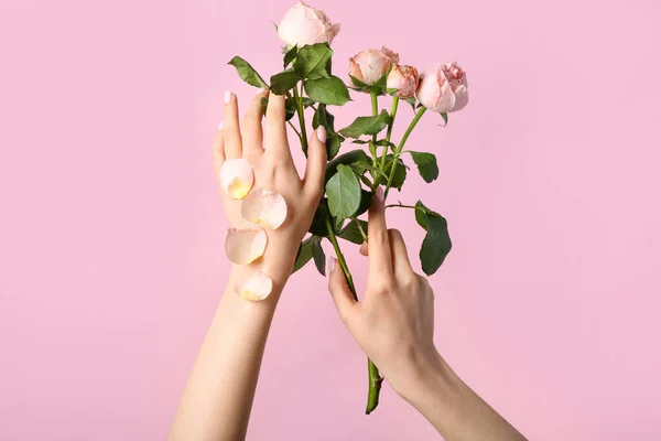 Woman Roses Pink Background Hand Care Concept — Stock Photo, Image