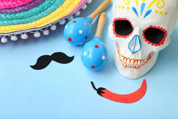 Mexican Maracas Paper Mustache Chili Pepper Painted Skull Blue Background — Stock Photo, Image