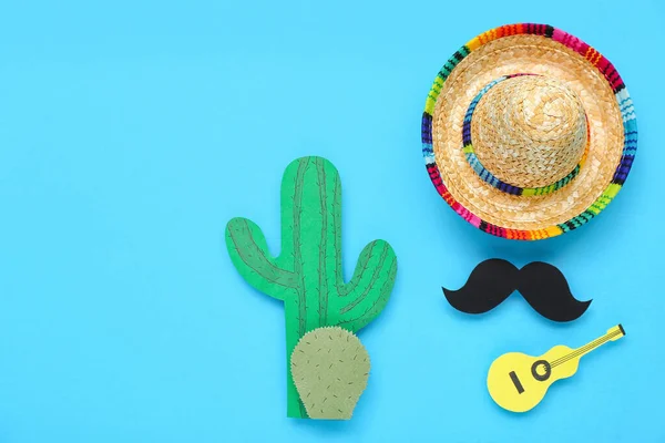 Sombrero Hat Paper Mustache Guitar Cactus Blue Background — Stock Photo, Image