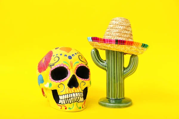 Painted Skull Cactus Sombrero Hat Yellow Background — Stock Photo, Image