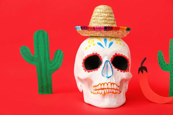 Crâne Peint Avec Chapeau Sombrero Cactus Papier Piment Sur Fond — Photo