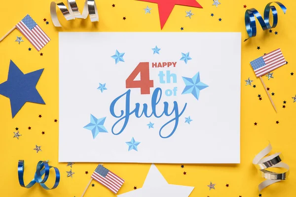Tarjeta Felicitación Para Día Independencia Estrellas Banderas Estados Unidos Sobre — Foto de Stock
