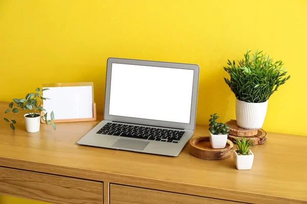 Workplace with artificial plants and laptop near yellow wall