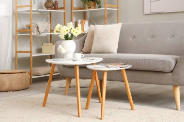 Gri kanepeli ve masalı oturma odasının içi.