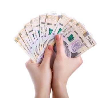 Beyaz arka planda Hryvnia banknotları olan bir kadın