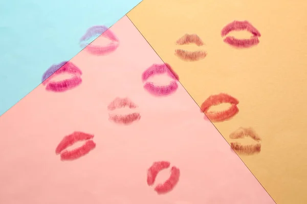 Lipstick Kiss Marks Color Background — Photo