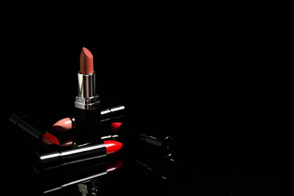Set Beautiful Lipsticks Dark Background — Stock Photo, Image