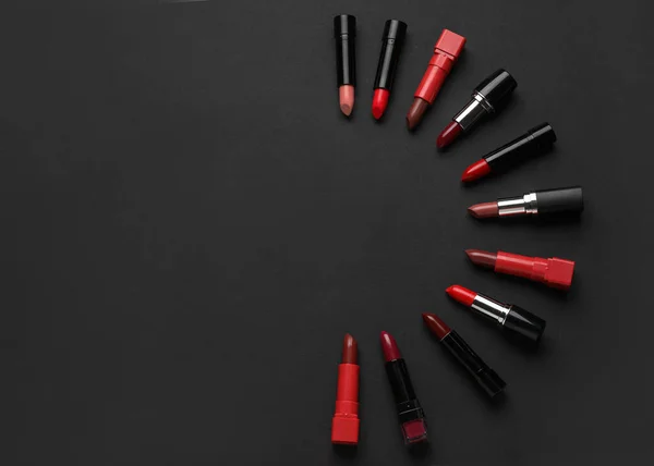 Composition Beautiful Lipsticks Dark Background — Stock Photo, Image