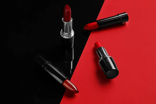 Set Beautiful Lipsticks Color Background — Stock Photo, Image