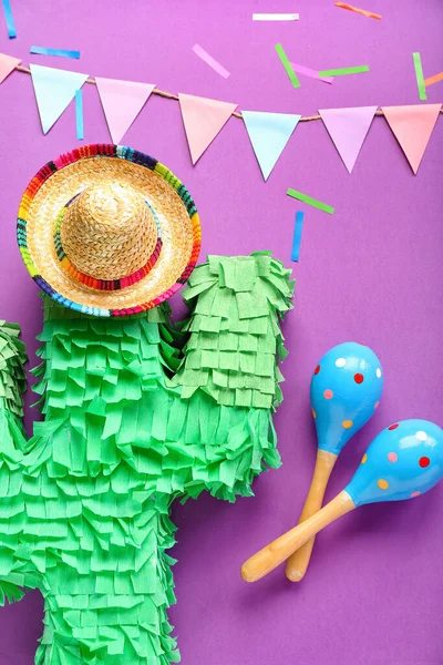 Maracas Mexicains Avec Pinata Chapeau Sombrero Drapeaux Papier Confettis Sur — Photo