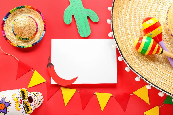 Cartão Branco Com Símbolos Mexicanos Bandeiras Fundo Vermelho — Fotografia de Stock