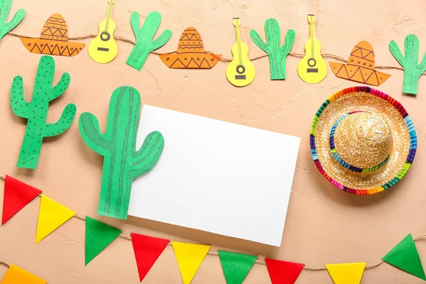 Blank Card Paper Cacti Garland Flags Sombrero Hat Beige Background — Stock Photo, Image