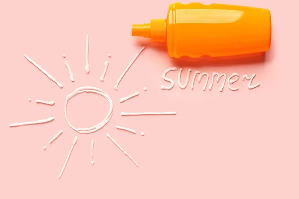 Word Summer Sun Made Sunscreen Cream Pink Background — Stock Photo, Image