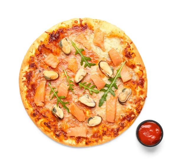 Tasty seafood pizza and sauce isolated on white background