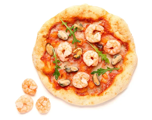 Lekkere Zeevruchten Pizza Garnalen Geïsoleerd Witte Achtergrond — Stockfoto