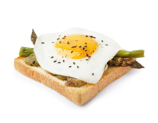 Délicieux Sandwich Avec Œuf Frit Asperges Sur Fond Blanc — Photo