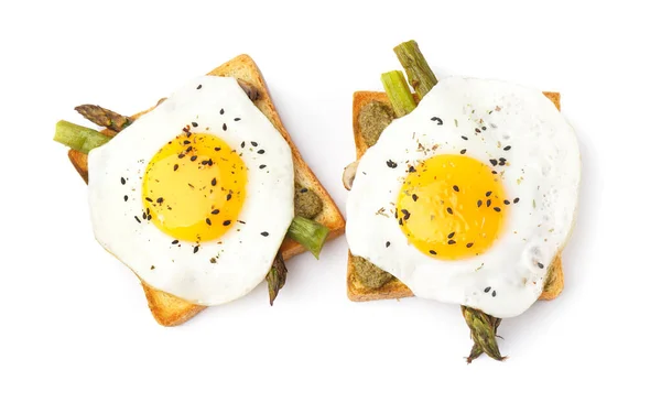 Delicious Sandwiches Fried Eggs Asparagus White Background — Stock Photo, Image