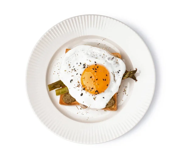 Πεντανόστιμο Σάντουιτς Τηγανητό Αυγό Και Σπαράγγια Λευκό Φόντο — Φωτογραφία Αρχείου