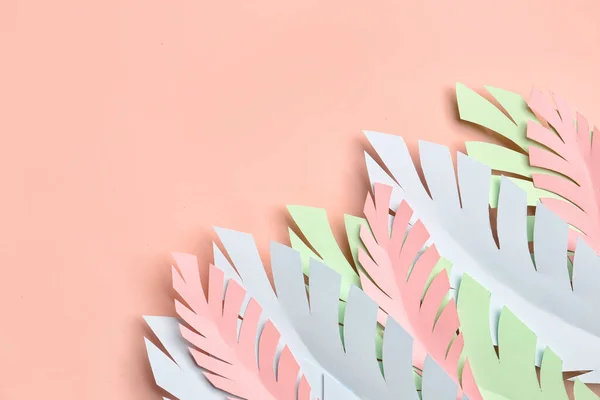 stock image Paper tropical leaves on pink background