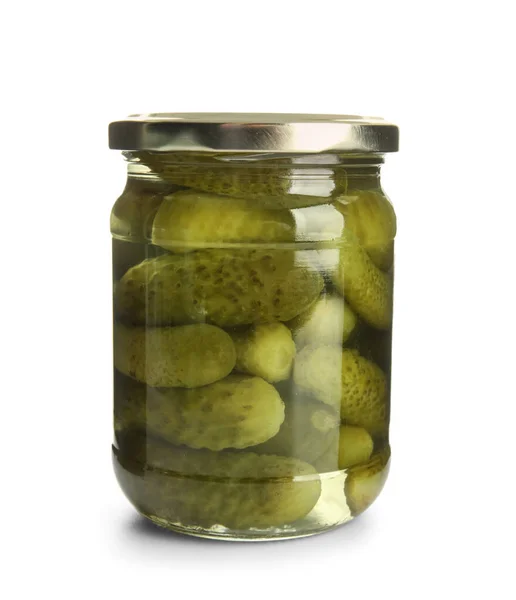 Jar Met Smakelijke Gefermenteerde Komkommers Witte Achtergrond — Stockfoto