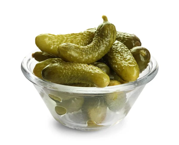Bowl Tasty Fermented Cucumbers White Background — Stock Photo, Image