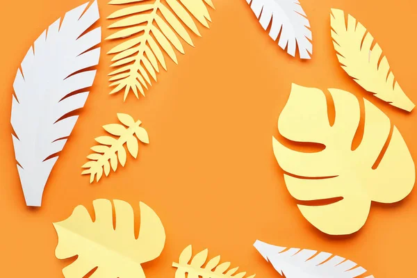 Frame Made Paper Tropical Leaves Orange Background — Stock Photo, Image
