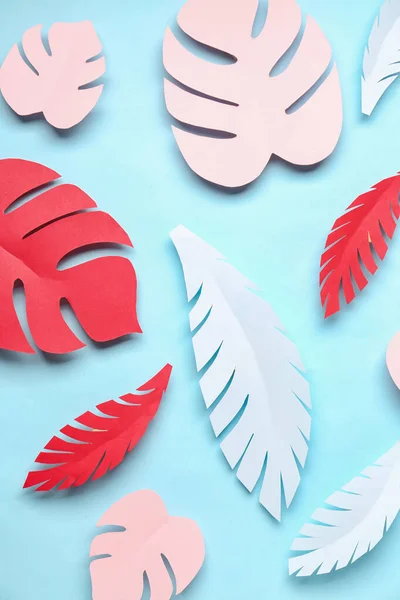 Paper Tropical Leaves Blue Background — Stock Photo, Image