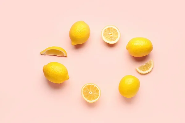 Frame Made Cut Whole Fresh Lemon Pink Background — Stock Photo, Image
