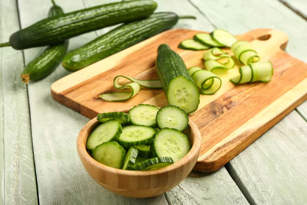Bowl Fresh Cut Cucumber Light Wooden Background — Stock Photo, Image