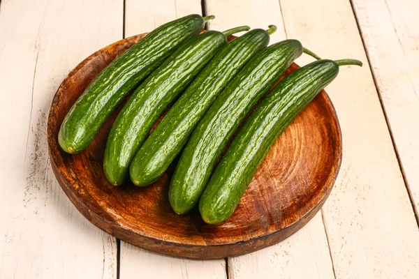 Plate Fresh Cucumbers Light Wooden Background — Stock Photo, Image