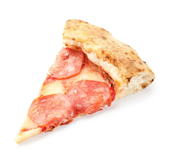 Skiva Läckra Pepperoni Pizza Vit Bakgrund — Stockfoto