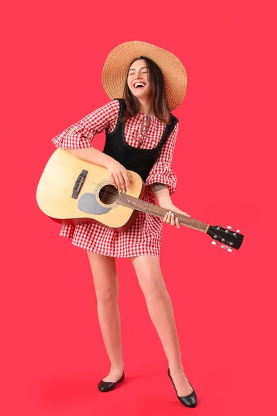 Young Woman Playing Guitar Red Background Festa Junina June Festival — Stock Photo, Image