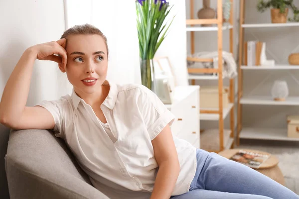 Thoughtful Young Woman Sitting Armchair Home — Stock Photo, Image
