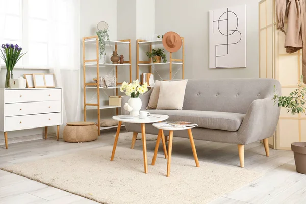 Interior Living Room Grey Sofa Tables Shelving Units — Stock Photo, Image