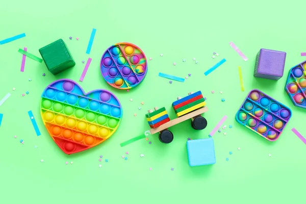 Toys Confetti Green Background Children Day Celebration — Stock Photo, Image